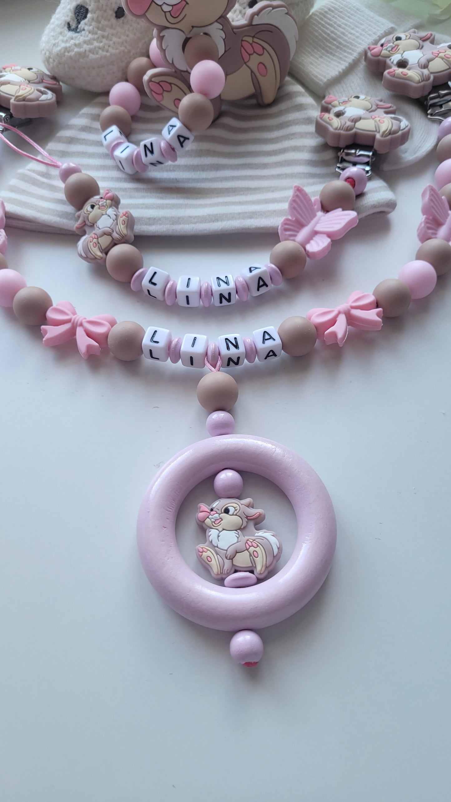 3tlg Set Schnullerkette Kinderwagenkette Beissring Hase Schmetterling rosa taupe