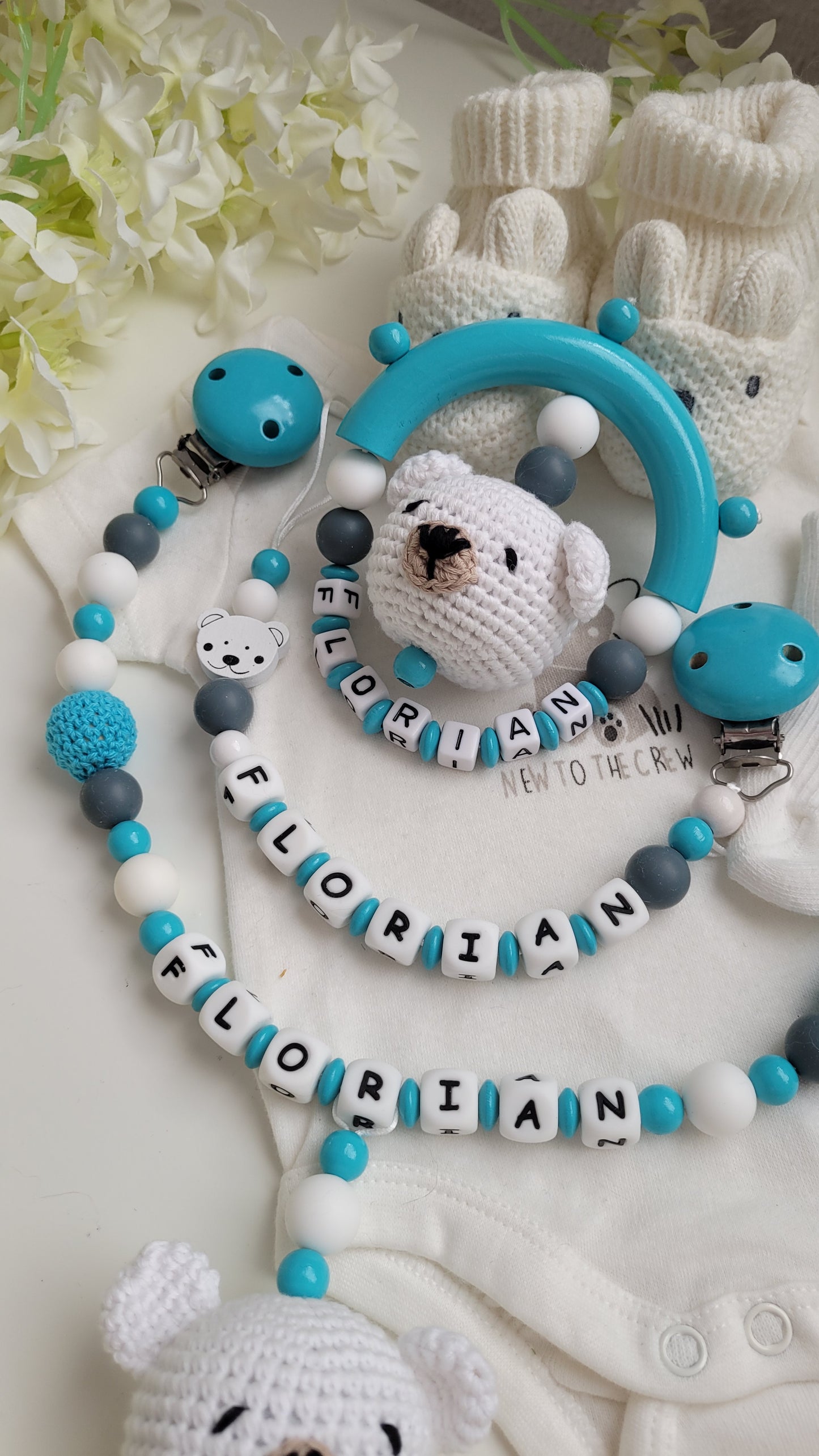 3tlg.Set Schnullerkette Kinderwagenkette & Greifring Bärchen