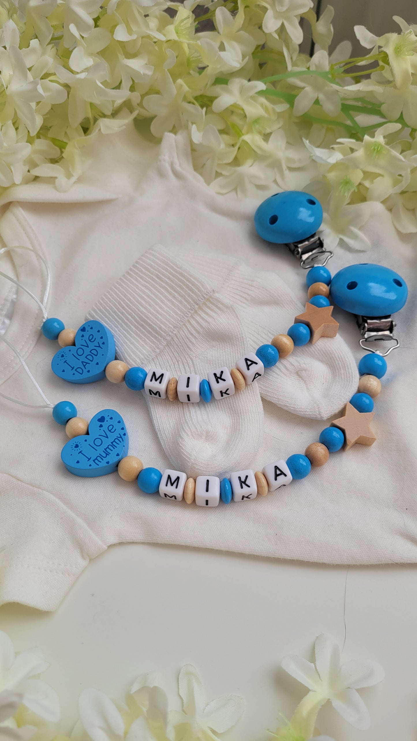 Schnullerkette I love Mummy / I love Daddy mit Namen für Jungen