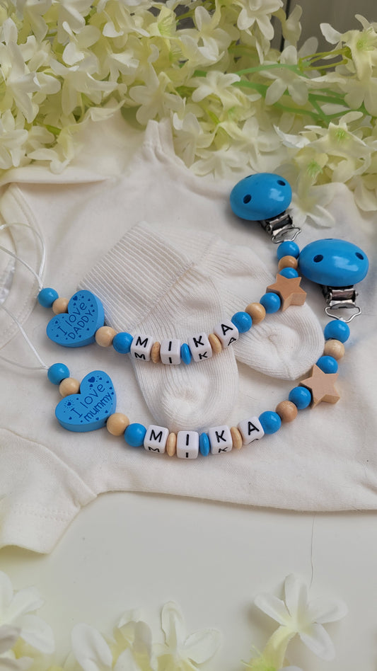 Schnullerkette I love Mummy / I love Daddy mit Namen für Jungen