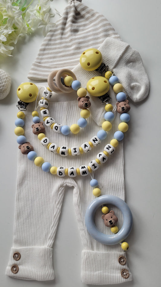 3er Set Schnullerkette Kinderwagenkette & Greifring mit Namen Bärchen gelb blau