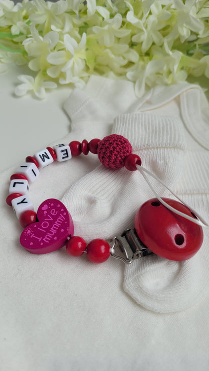Schnullerkette mit Namen für Mädchen *I love Mummy* pink