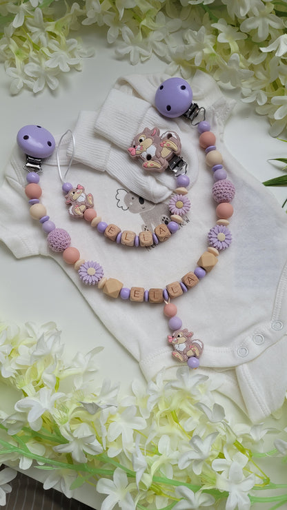Kinderwagenkette & Schnullerkette Set lila Blumen Hase
