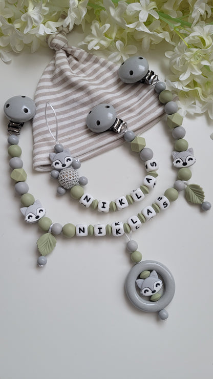 Kinderwagenkette & Schnullerkette mit Namen Fuchs grün