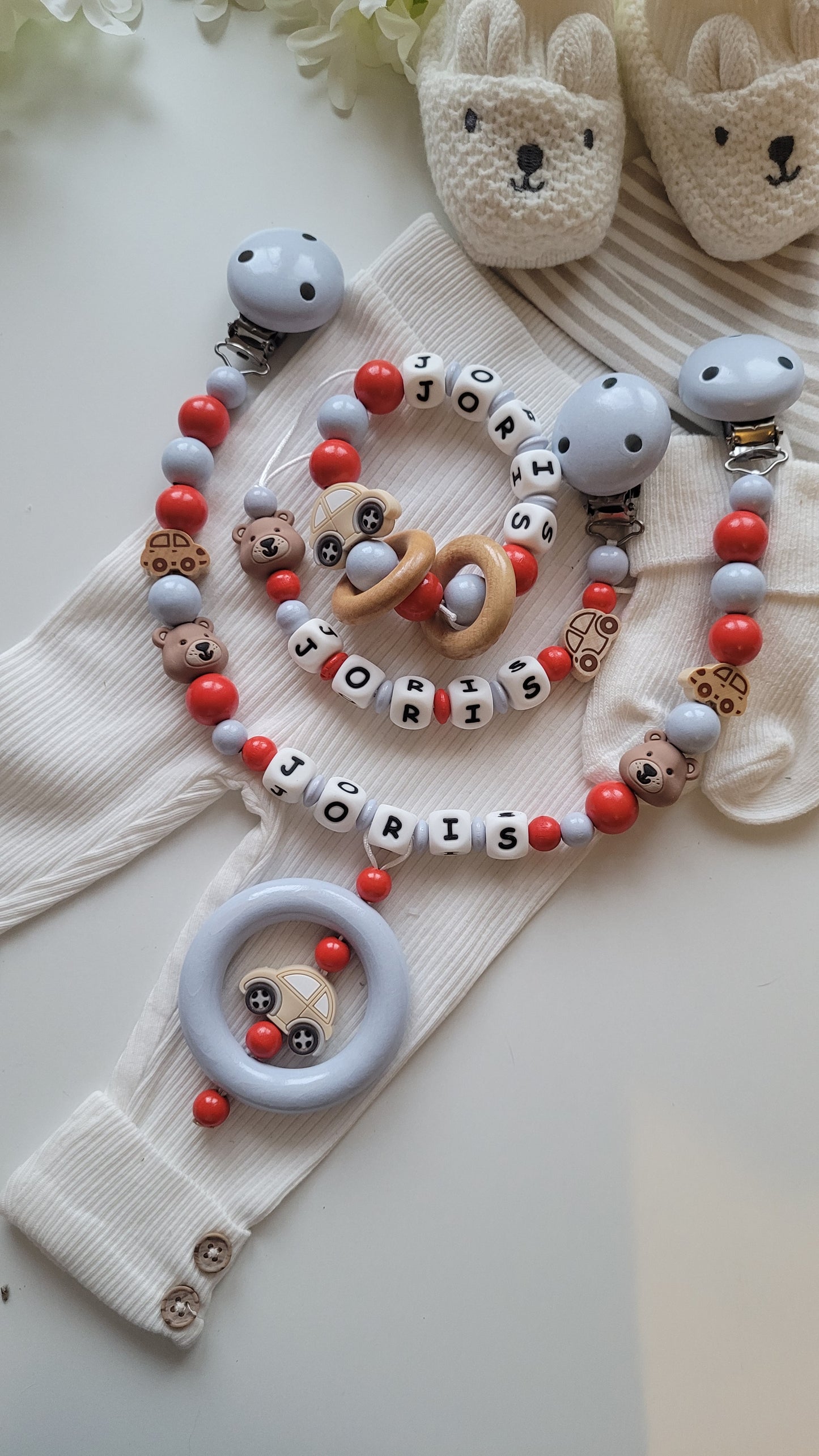 3er Set Schnullerkette Kinderwagenkette & Greifring mit Namen Bärchen Auto