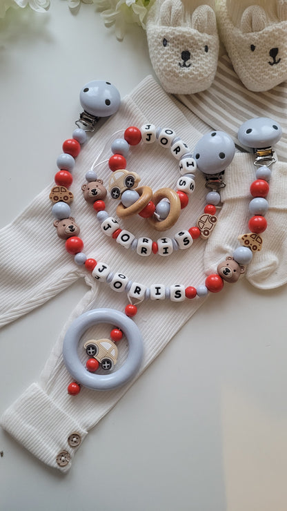3er Set Schnullerkette Kinderwagenkette & Greifring mit Namen Bärchen Auto