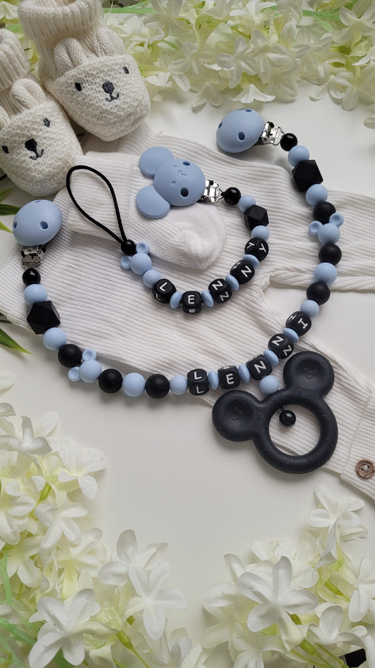 Kinderwagenkette & Schnullerkette *Micky* blau schwarz
