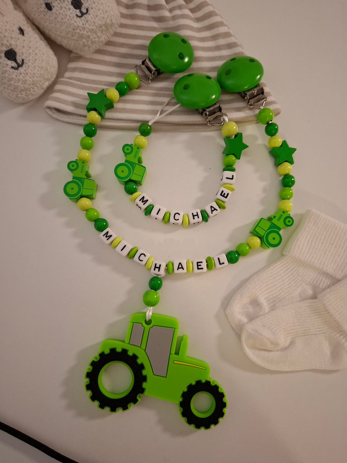 Kinderwagenkette & Schnullerkette Set mit Namen Traktor grün hellgrün personalisiert