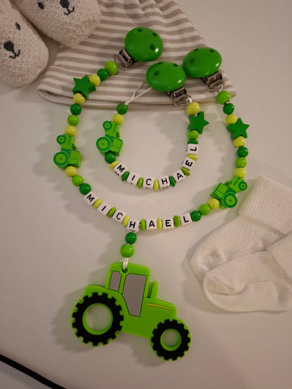 Kinderwagenkette & Schnullerkette Set mit Namen Traktor grün hellgrün personalisiert