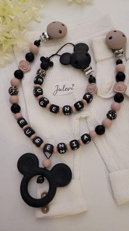 Kinderwagenkette & Schnullerkette mit Namen für Mädchen Maus & Leo