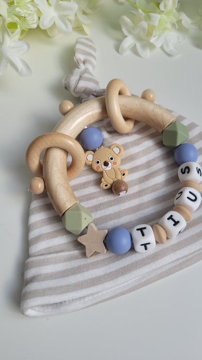 3tlg.Set Schnullerkette Kinderwagenkette & Greifring mit Namen Koala beige blau grün