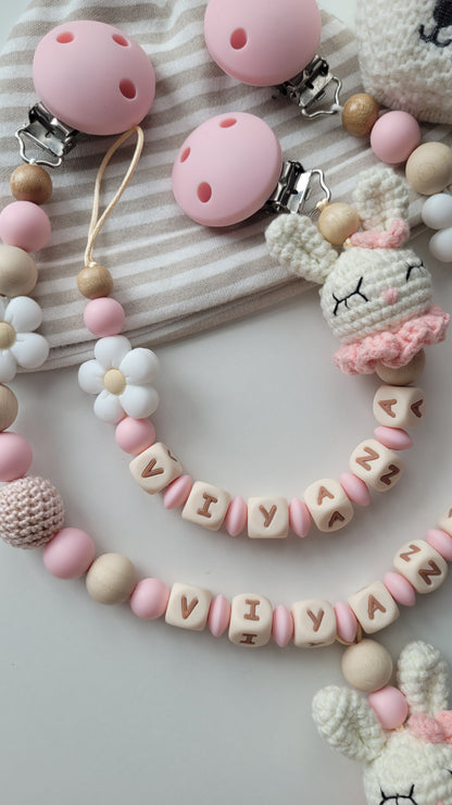 Schnullerkette Kinderwagenkette & Greifring für Mädchen Hase rose holz