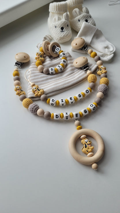 Schnullerkette Kinderwagenkette & Beissring mit Namen Hund beige graubraun gelb