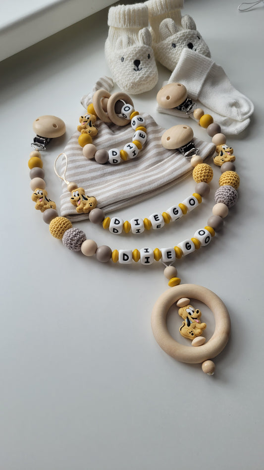 3er Set Schnullerkette Kinderwagenkette & Beissring mit Namen Hund beige graubraun gelb