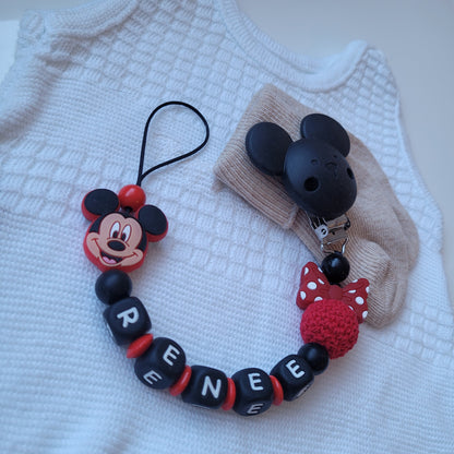 Kinderwagenkette & Schnullerkette mit Namen Mickey rot schwarz