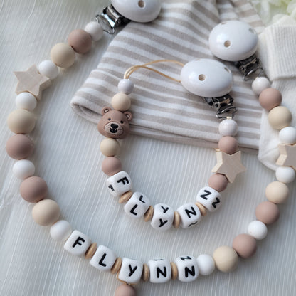 Kinderwagenkette & Schnullerkette Set Baby Teddy für Jungen braun beige weiss holz