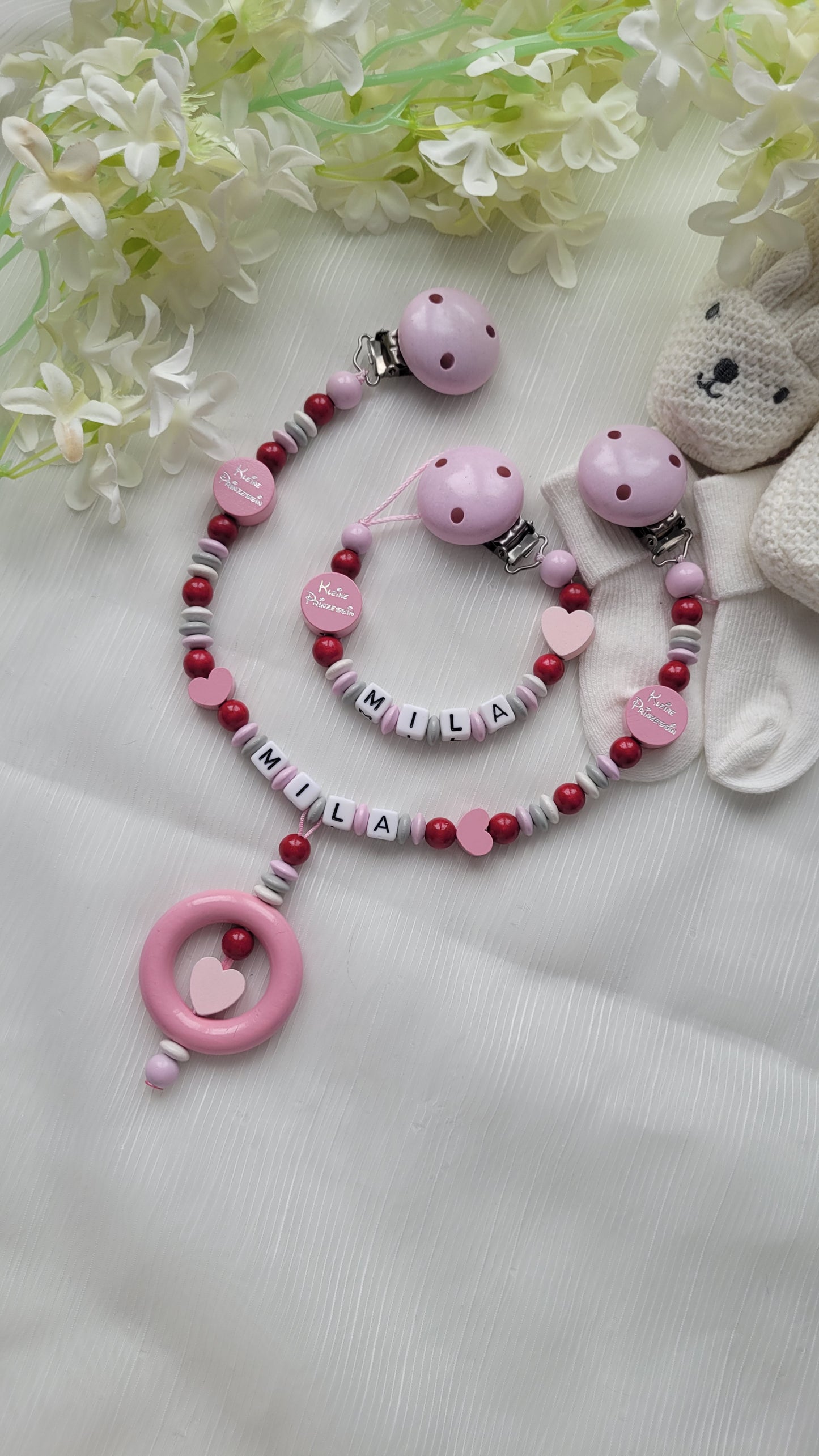 Kinderwagenkette & Schnullerkette mit Namen Kleine Prinzessin rosa weinrot