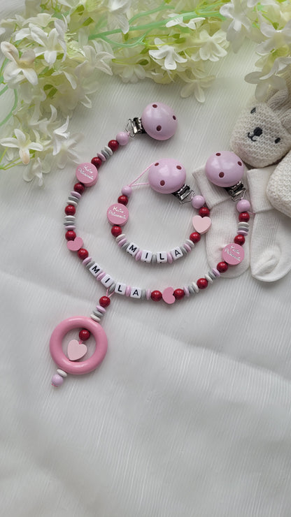 Kinderwagenkette & Schnullerkette mit Namen Kleine Prinzessin rosa weinrot