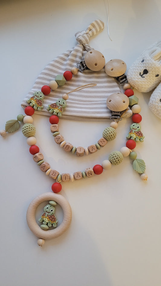 Kinderwagenkette & Schnullerkette Set Baby Schildkröte für Jungen beige rost grün