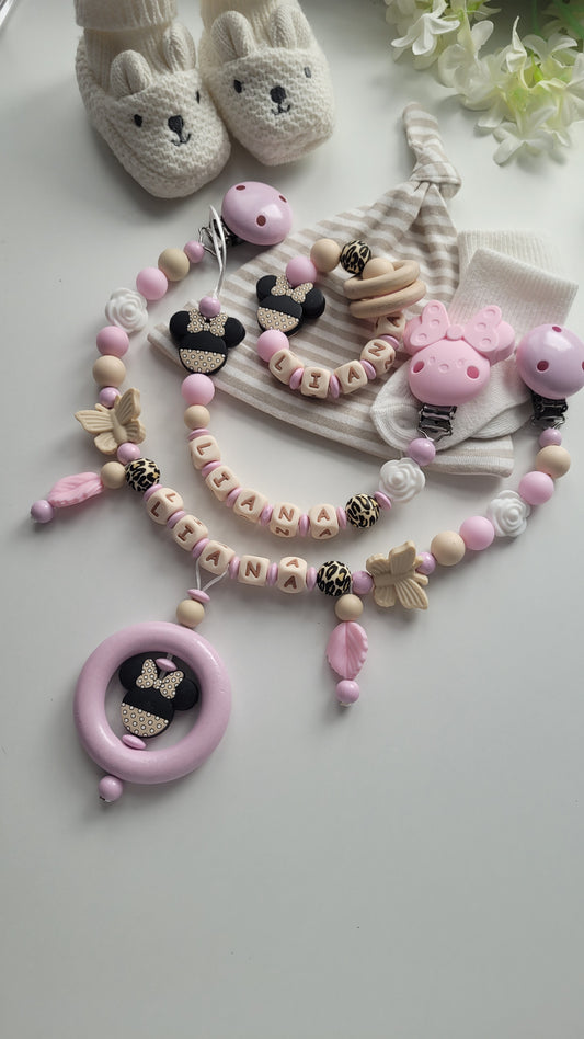 3er Set Schnullerkette Kinderwagenkette & Beissring mit Namen Mäuse & Schmetterlinge beige weiss rosa