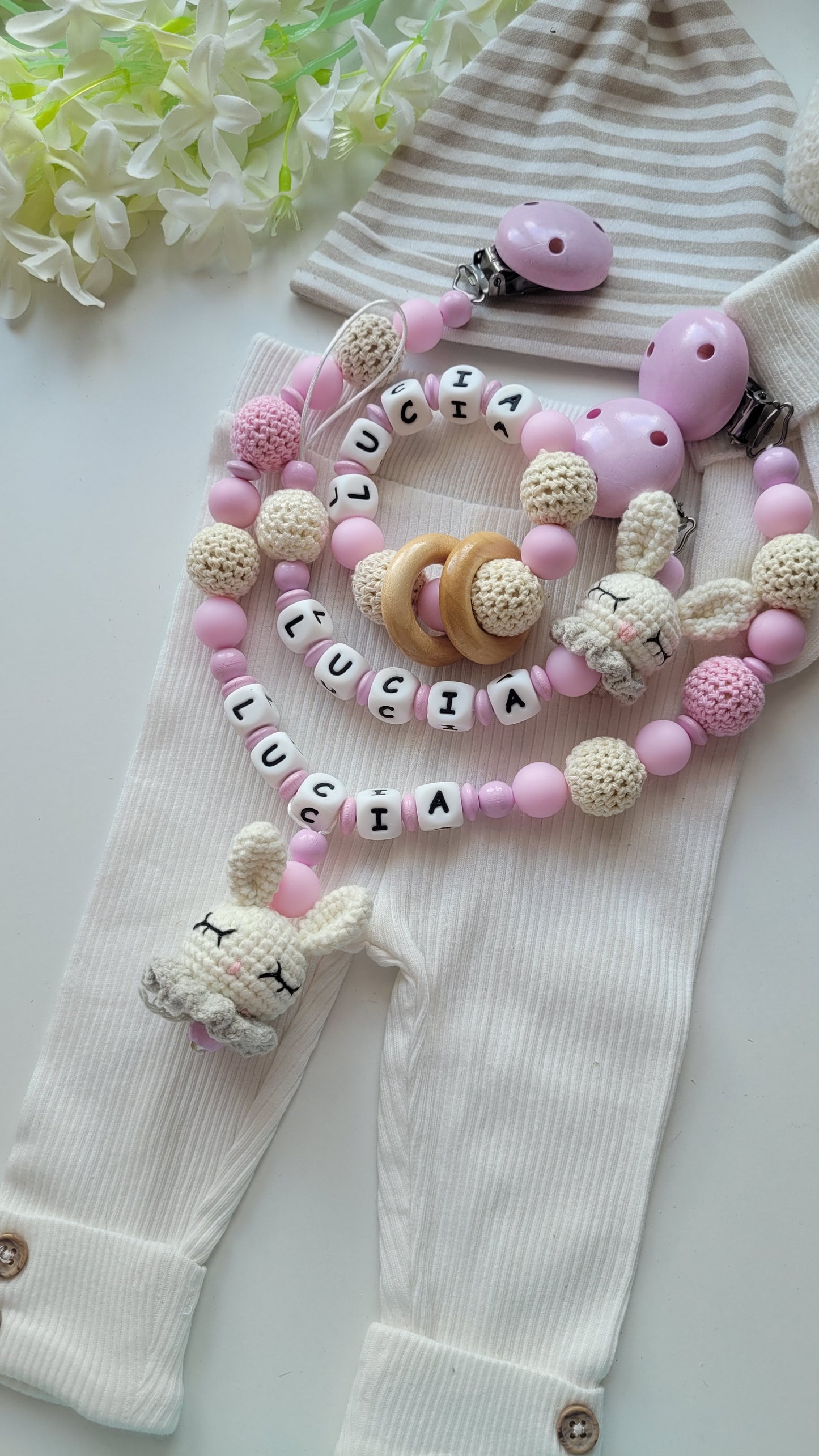 3tlg Set Schnullerkette Kinderwagenkette Beissring Hasen