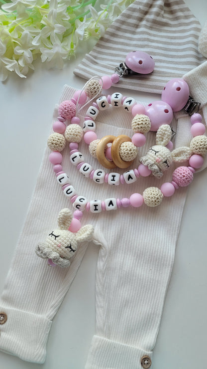 3tlg Set Schnullerkette Kinderwagenkette Beissring Hasen