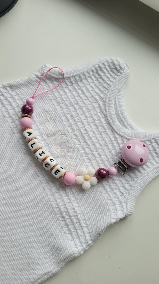 Schnullerkette mit Namen für Mädchen Blume rosa bordaux