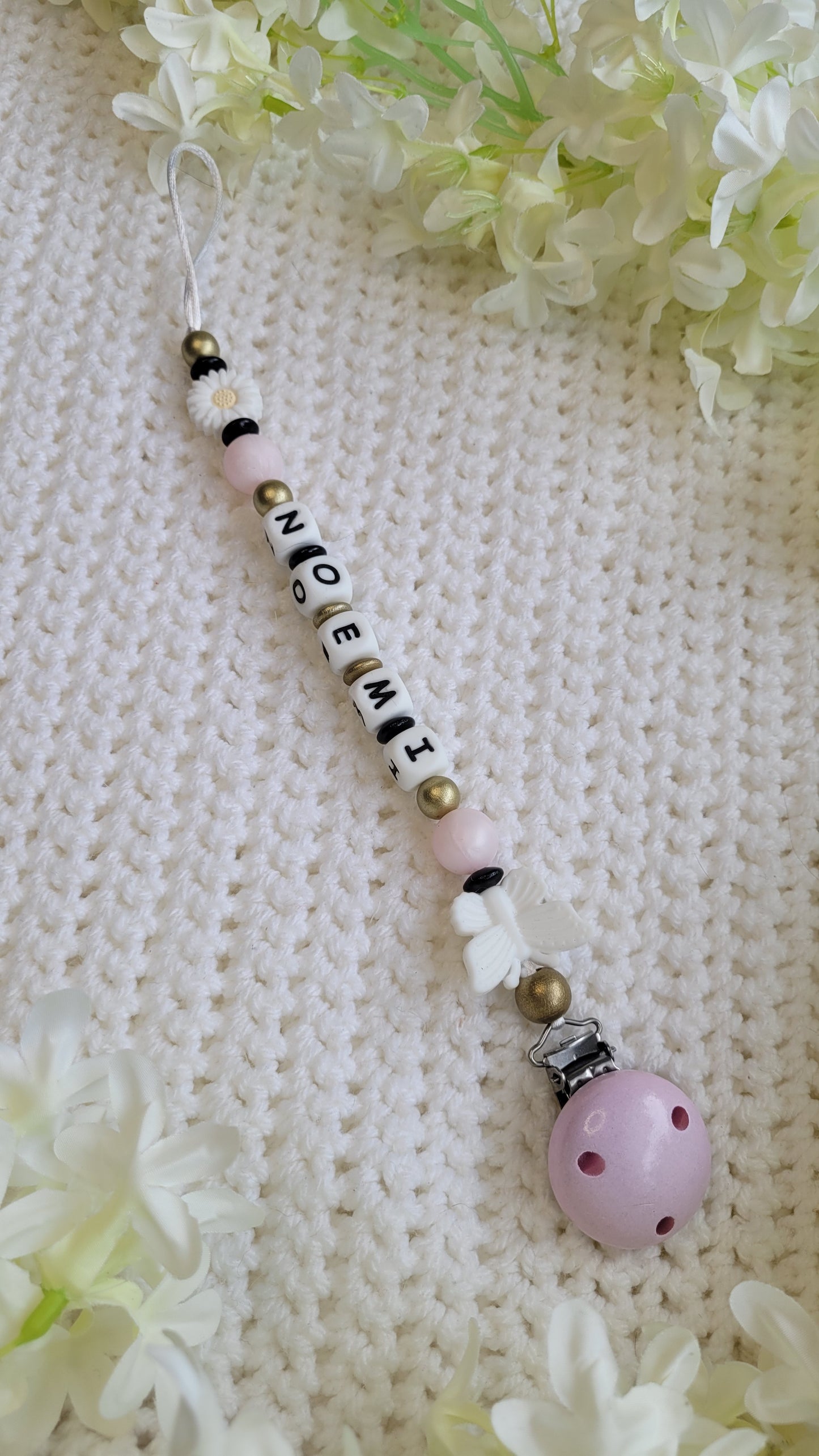 Schnullerkette mit Namen für Mädchen Schmetterling rosa schwarz gold