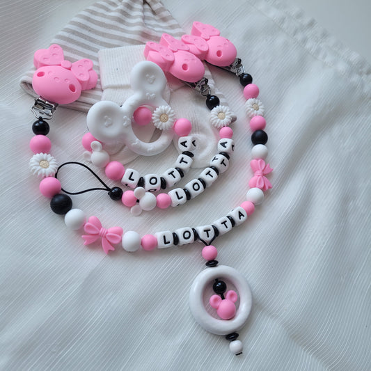 3er Set Kinderwagenkette & Schnullerkette mit Namen + Greifring für Mädchen schwarz pink weiß