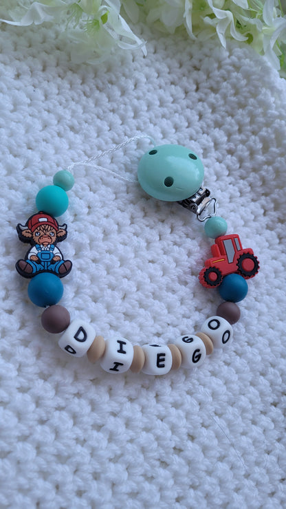 Kinderwagenkette & Schnullerkette Set Baby Bauernhof für Jungen braun petrol türkis