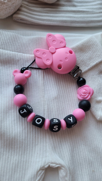 Kinderwagenkette & Schnullerkette mit Namen für Mädchen Maus & Blume pink schwarz