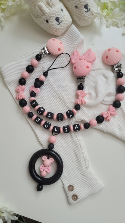 Kinderwagenkette & Schnullerkette apricot schwarz Set für Mädchen