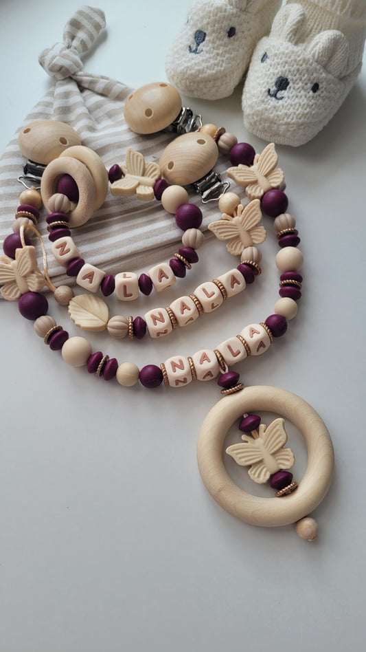 3er Set Schnullerkette Kinderwagenkette & Beissring mit Namen Schmetterlinge beige bordaux gold