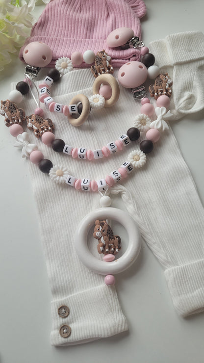 3er Set Kinderwagenkette, Schnullerkette & Greifring mit Namen – Pferd Silikon braun rosa