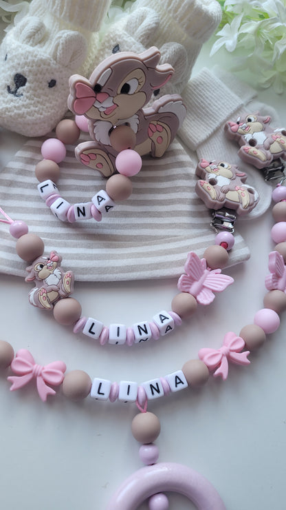 3tlg Set Schnullerkette Kinderwagenkette Beissring Hase Schmetterling rosa taupe