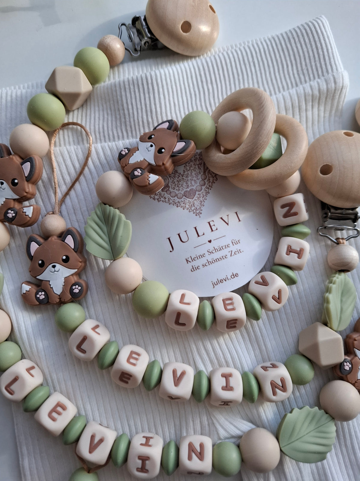 3er Set Schnullerkette Kinderwagenkette & Greifring mit Namen Fuchs salbei beige
