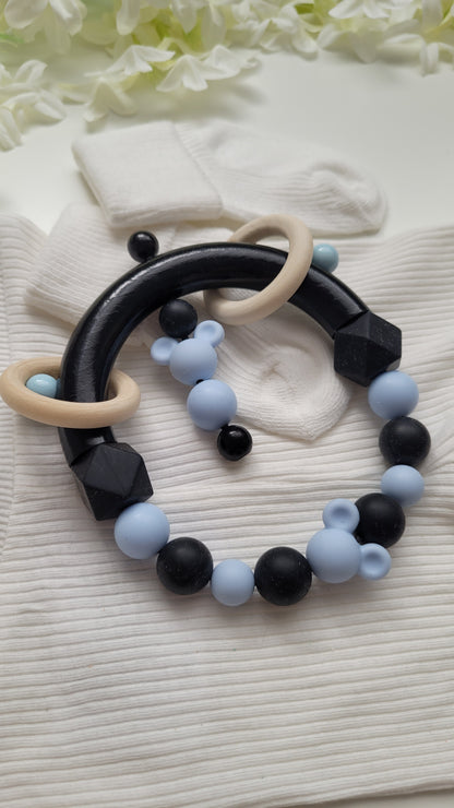 3tlg Set Schnullerkette Kinderwagenkette Greifling Maus blau schwarz