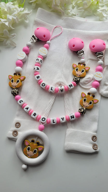 Kinderwagenkette & Schnullerkette Set mit Namen Giraffe Prinzessin-Schriftzug pink weiß Silikon Holz | personalisiert