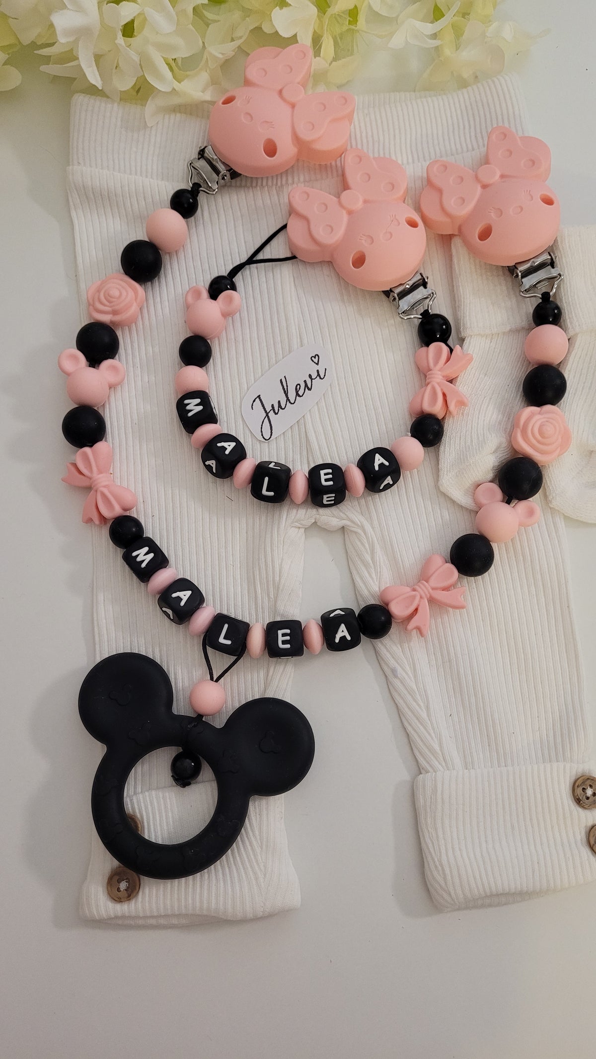 Kinderwagenkette & Schnullerkette Set mit Namen Maus apricot Holz Silikon | personalisiert