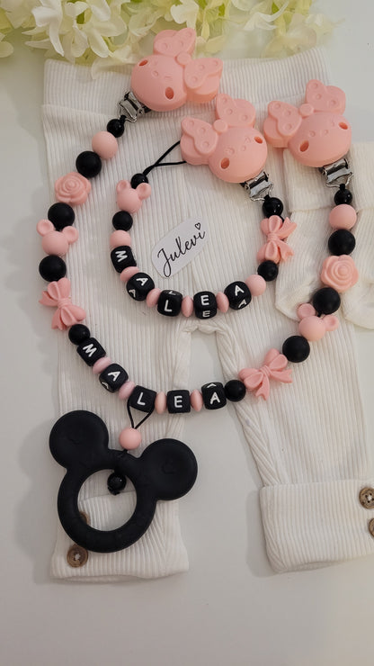 Kinderwagenkette & Schnullerkette Set mit Namen Maus apricot Holz Silikon | personalisiert