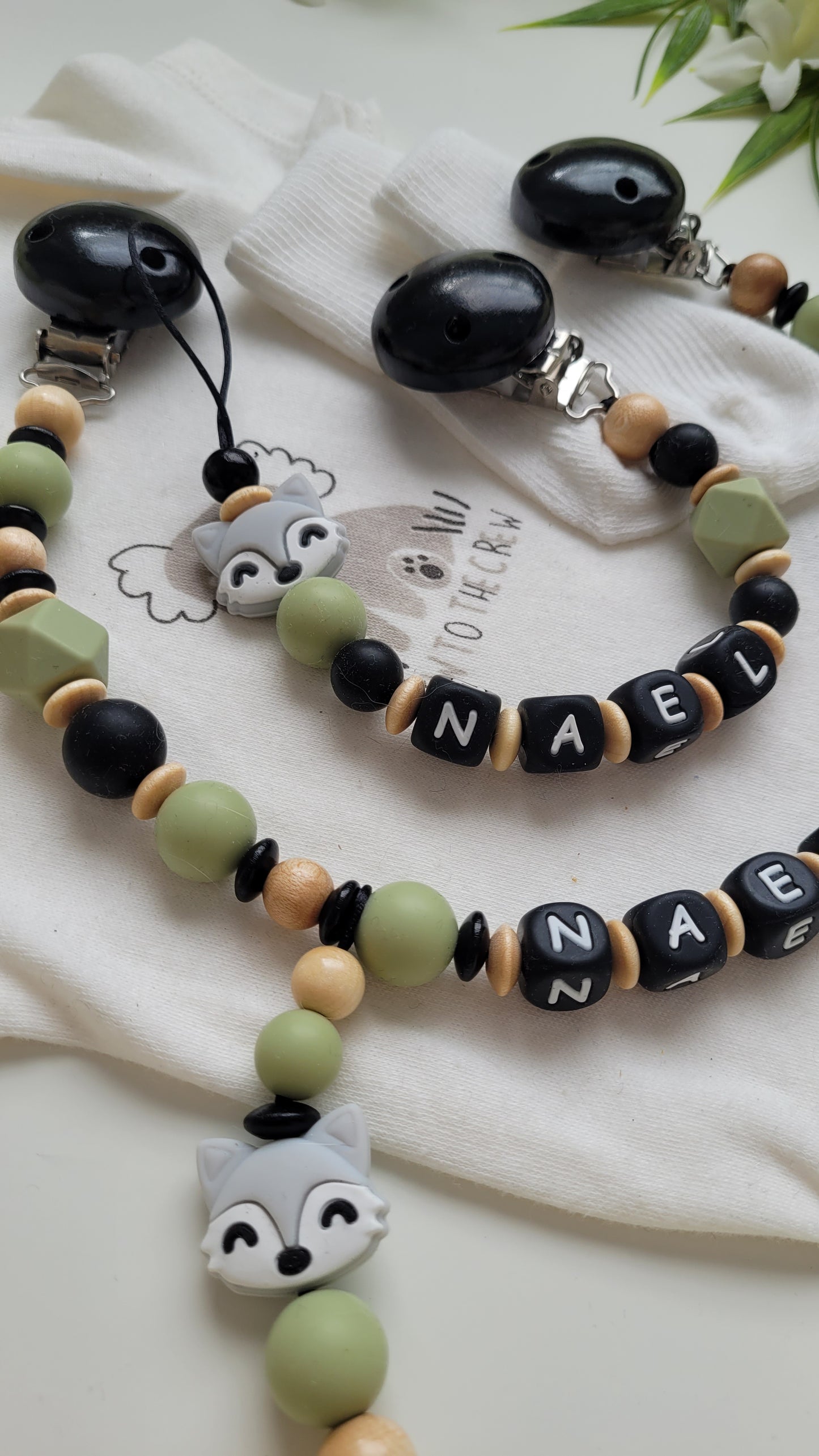 Kinderwagenkette & Schnullerkette Set Grün Fuchs