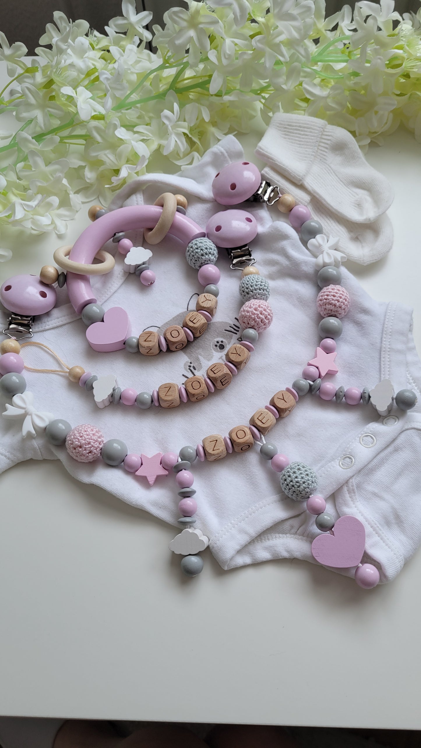 3tlg Set Schnullerkette Kinderwagenkette Greifling Rosa Wolke