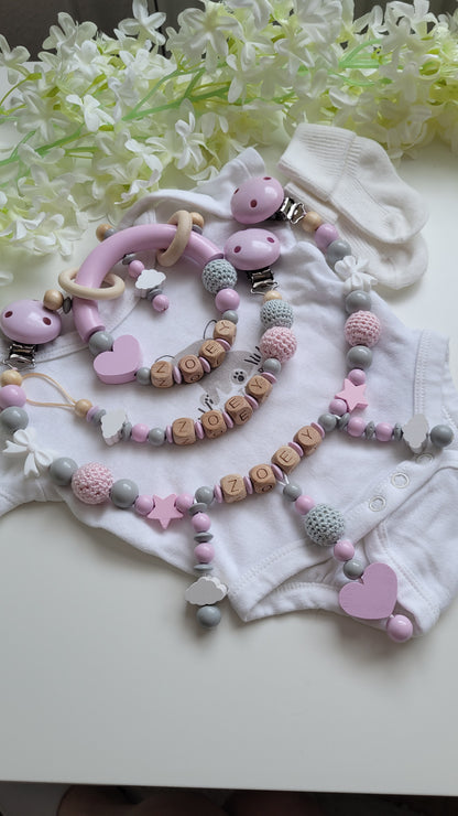 3tlg Set Schnullerkette Kinderwagenkette Greifling Rosa Wolke