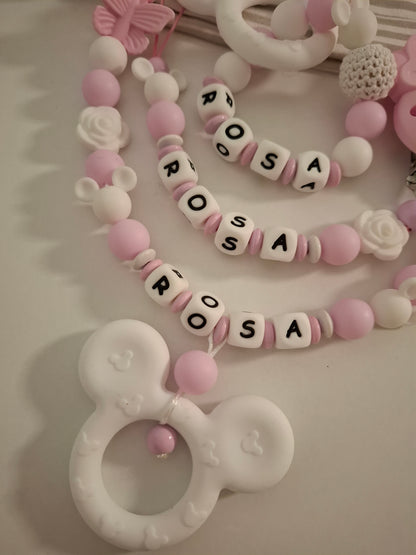 3er-Set Schnullerkette Kinderwagenkette & Greifring mit Namen Maus rosa weiss