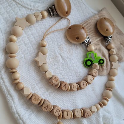 Kinderwagenkette & Schnullerkette mit Namen Traktor grün holz