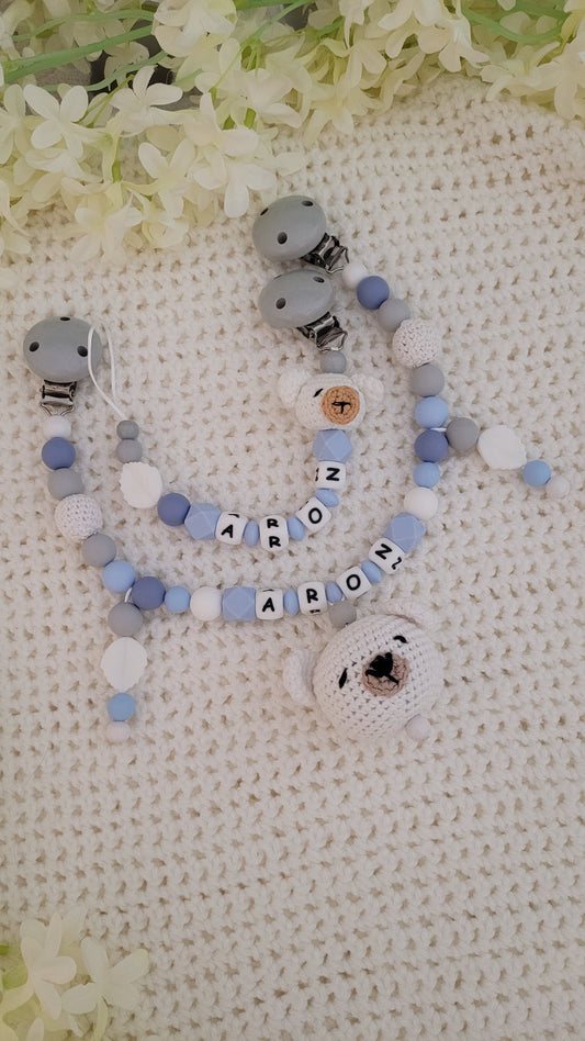 Kinderwagenkette & Schnullerkette mit Namen Teddy weiss blau