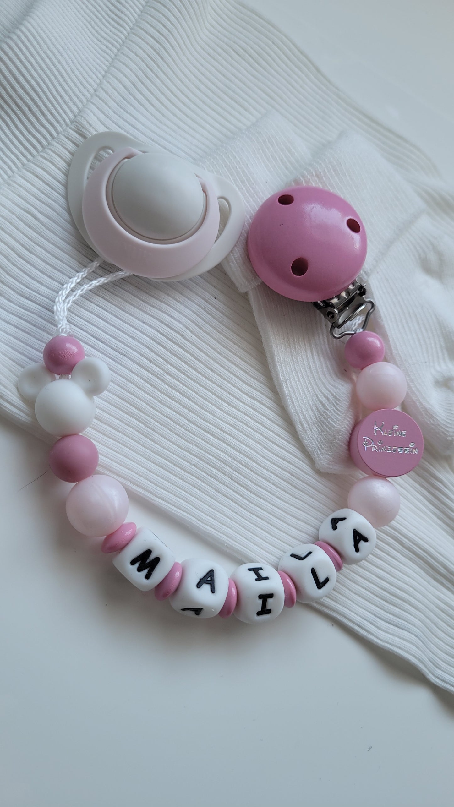 Schnullerkette mit Namen für Mädchen Maus babypink perlmutt