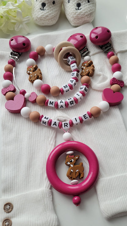 3er Set Schnullerkette Kinderwagenkette & Greifring mit Namen Rehe & Herzen