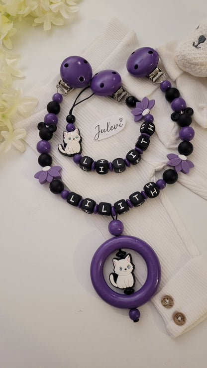 Kinderwagenkette & Schnullerkette mit Namen für Mädchen Katzen & Mäuse