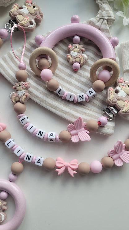 3tlg.Set Schnullerkette Kinderwagenkette & Greifring Hase Schmetterling rosa taupe
